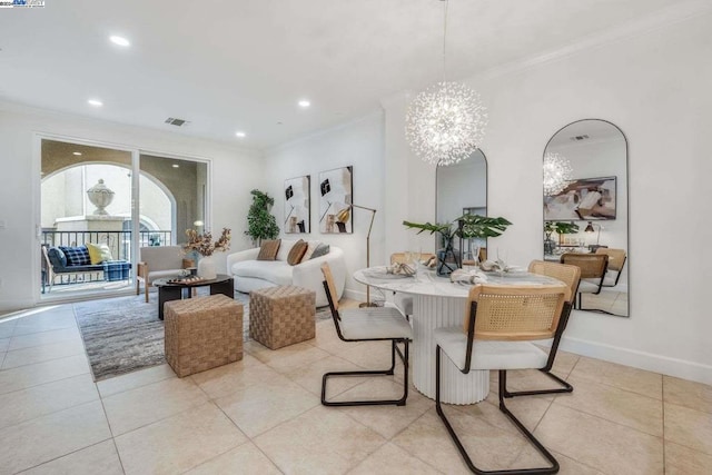 interior space with crown molding and a chandelier