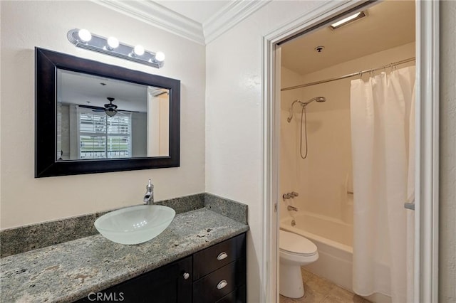 full bathroom with vanity, shower / tub combo with curtain, crown molding, tile patterned flooring, and toilet