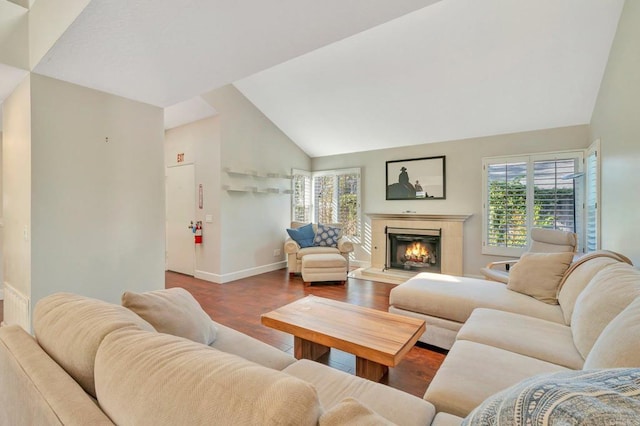 living room featuring wood-type flooring and high vaulted ceiling