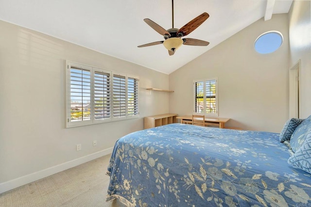 carpeted bedroom with beam ceiling, high vaulted ceiling, and ceiling fan