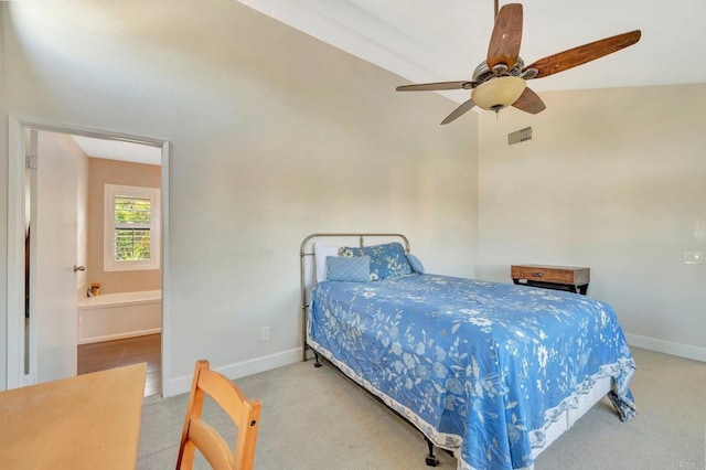 bedroom featuring ceiling fan and light colored carpet