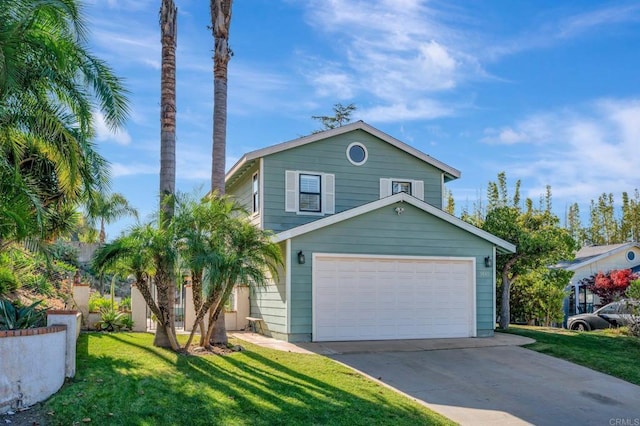 view of front of home featuring a front yard and a garage