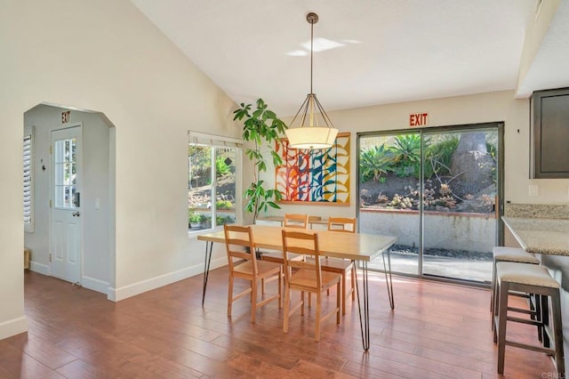 dining area featuring plenty of natural light, wood-type flooring, and high vaulted ceiling