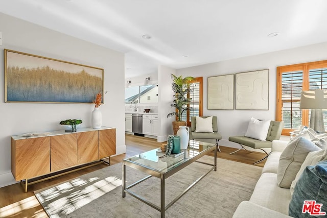 living room featuring sink and light hardwood / wood-style flooring