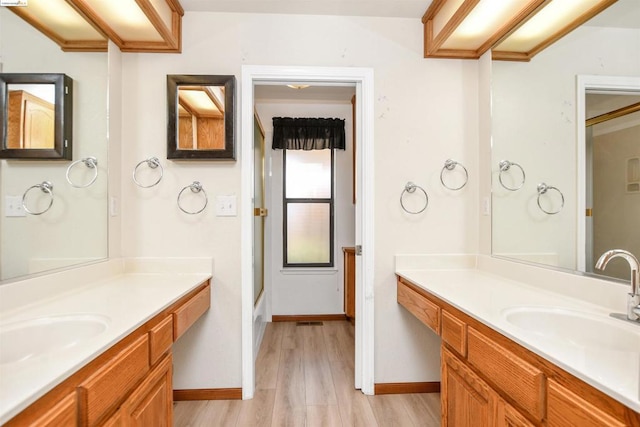 bathroom with hardwood / wood-style floors and vanity