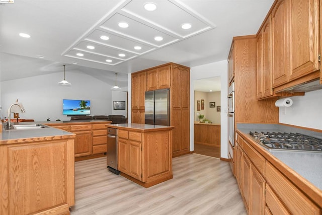 kitchen with a center island, lofted ceiling, sink, light wood-type flooring, and appliances with stainless steel finishes