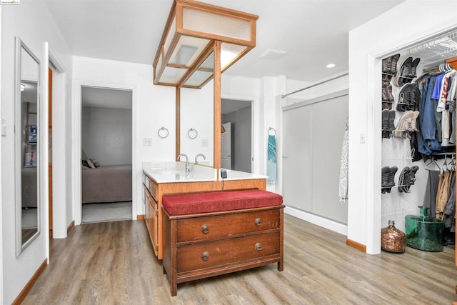 bathroom with vanity and wood-type flooring