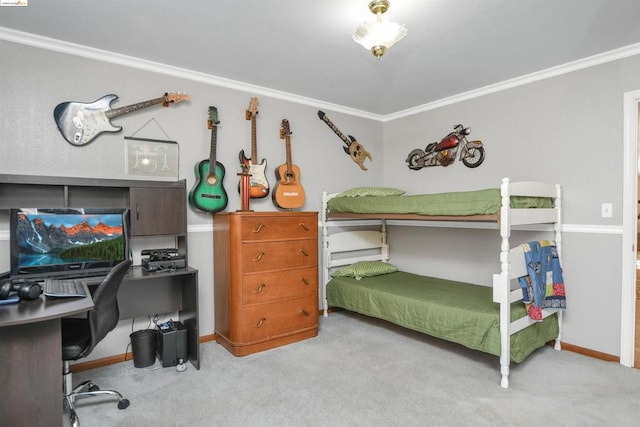 bedroom with light carpet and crown molding