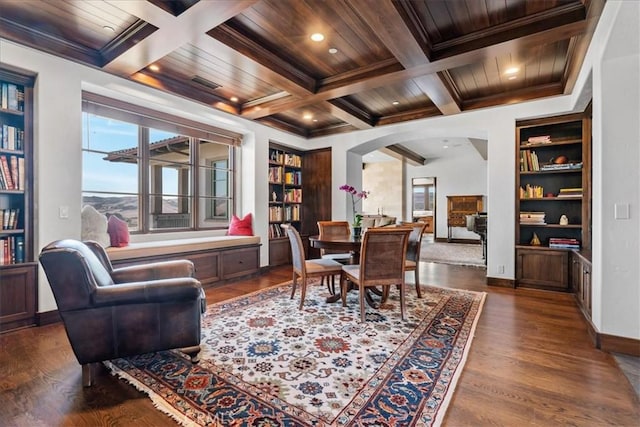 dining space featuring coffered ceiling, built in shelves, beam ceiling, dark hardwood / wood-style flooring, and wood ceiling