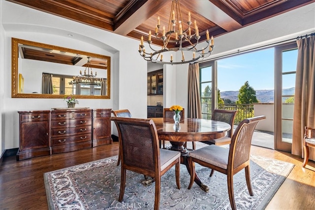 dining room featuring a mountain view, coffered ceiling, hardwood / wood-style flooring, beamed ceiling, and wood ceiling