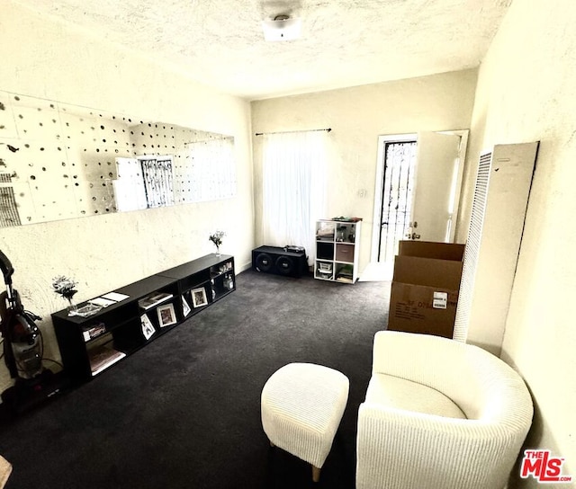 interior space featuring a textured ceiling and dark carpet