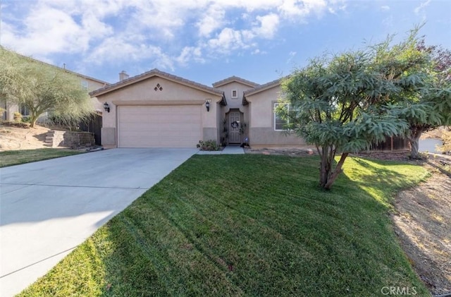 ranch-style house with a garage and a front yard