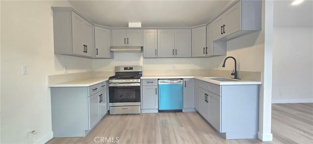 kitchen with sink, appliances with stainless steel finishes, gray cabinets, and light wood-type flooring