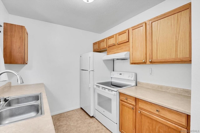 kitchen featuring exhaust hood, white electric range, sink, light tile patterned floors, and a textured ceiling