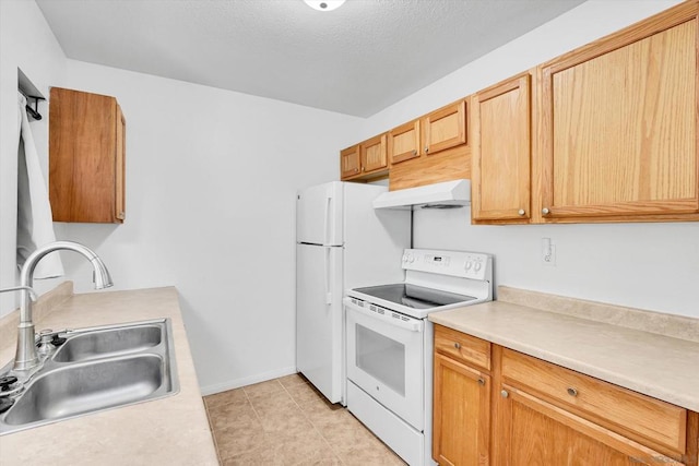 kitchen with a textured ceiling, ventilation hood, sink, white electric range, and light tile patterned flooring