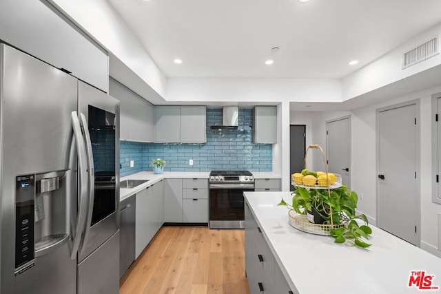 kitchen featuring wall chimney range hood, light hardwood / wood-style flooring, decorative backsplash, gray cabinets, and appliances with stainless steel finishes