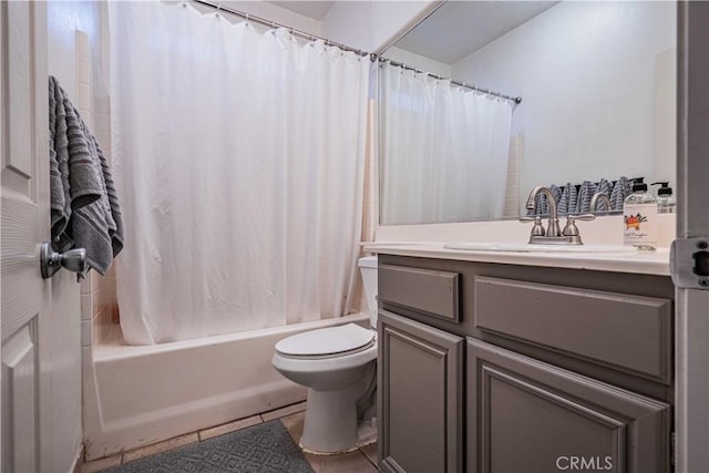 full bath featuring shower / bathtub combination with curtain, toilet, vanity, and tile patterned flooring