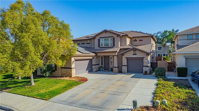 craftsman inspired home with stone siding, stucco siding, a front lawn, and roof mounted solar panels