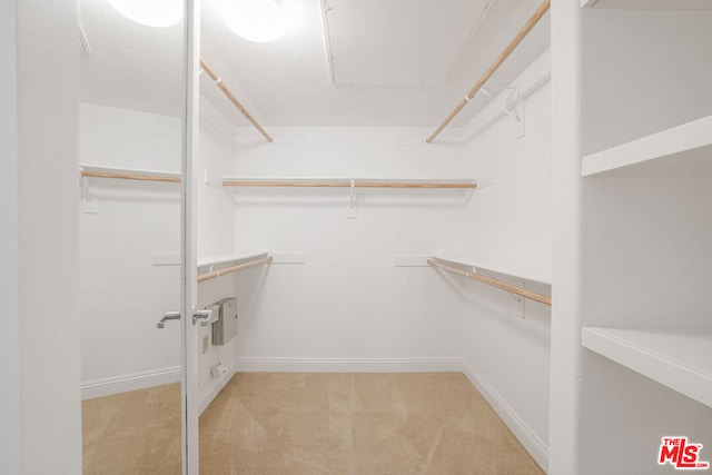 spacious closet featuring light colored carpet