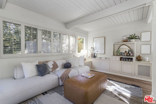 living room featuring beam ceiling, wood-type flooring, and a wealth of natural light