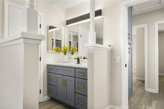 bathroom featuring vanity and wood-type flooring