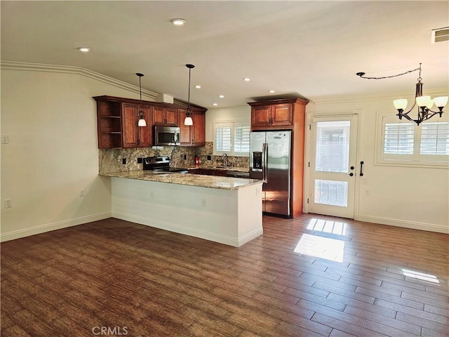 716 Avenida Majorca Unit C, Laguna Woods, CA 92637 - kitchen with appliances with stainless steel finishes, a peninsula, open shelves, tasteful backsplash, and a chandelier