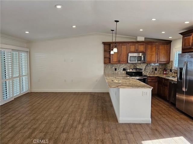 716 Avenida Majorca Unit C, Laguna Woods, CA 92637 - kitchen with stainless steel appliances, open shelves, light stone counters, backsplash, and a peninsula