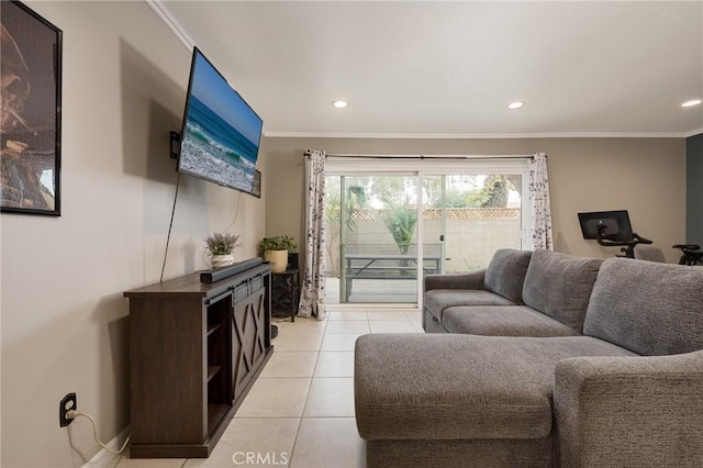 living room featuring light tile patterned floors and ornamental molding