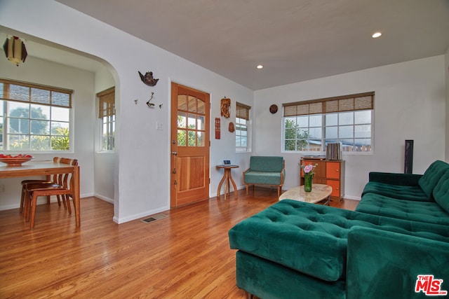 living room with light hardwood / wood-style flooring