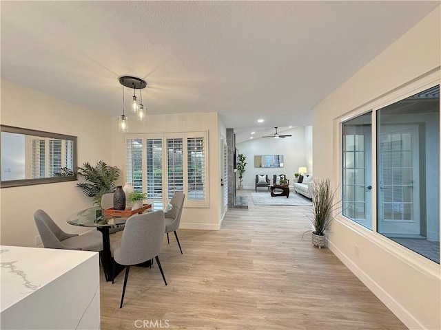 dining area featuring ceiling fan and light hardwood / wood-style floors