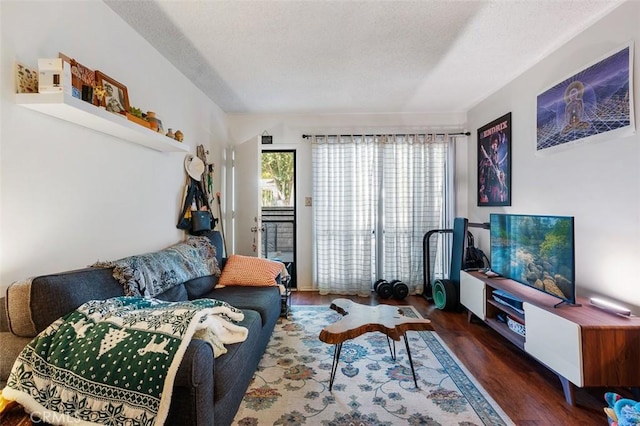 living room with dark wood-type flooring and a textured ceiling