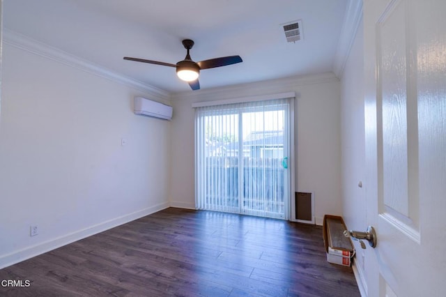 empty room with ceiling fan, dark wood-type flooring, crown molding, and a wall mounted air conditioner