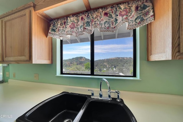 kitchen with a mountain view, sink, and light brown cabinetry