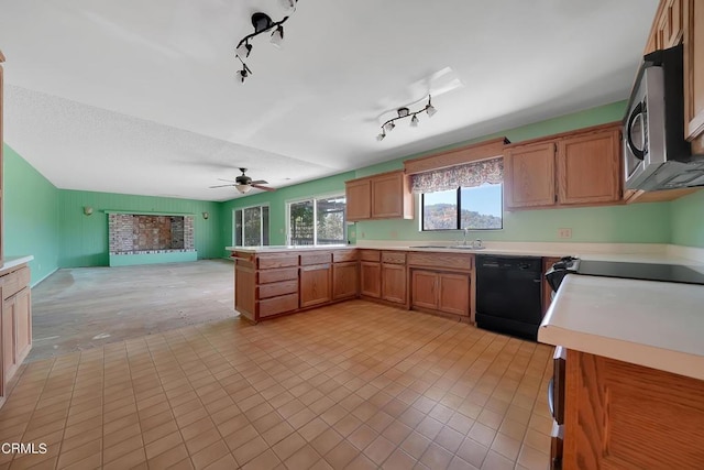 kitchen featuring ceiling fan, dishwasher, rail lighting, sink, and kitchen peninsula