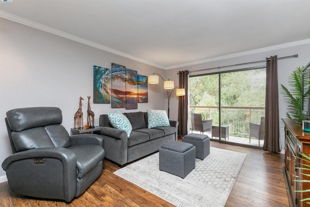 living room with hardwood / wood-style floors and ornamental molding