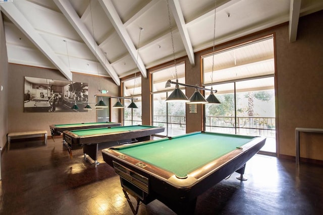 recreation room with dark hardwood / wood-style floors, lofted ceiling with beams, and billiards