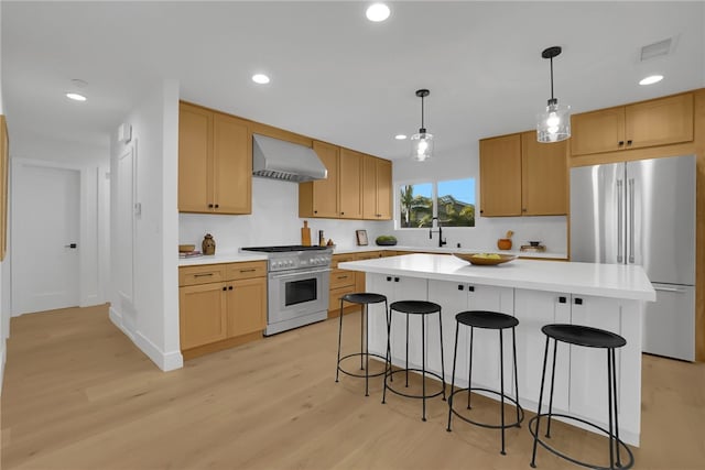 kitchen with ventilation hood, a kitchen island, appliances with stainless steel finishes, and light hardwood / wood-style flooring