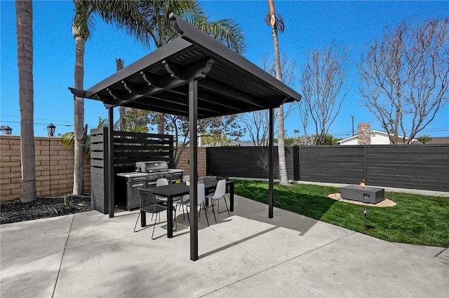 view of patio / terrace with a fire pit, outdoor dining space, and a fenced backyard