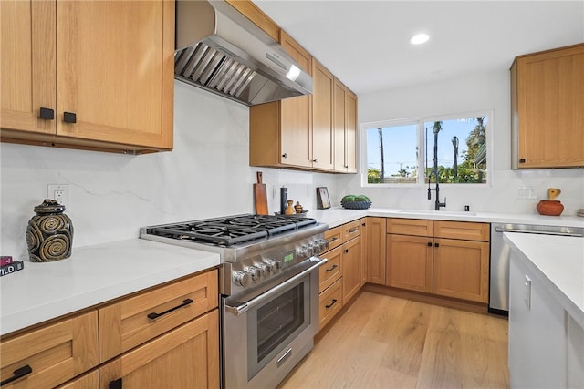 kitchen with light countertops, custom range hood, appliances with stainless steel finishes, light wood-style floors, and a sink