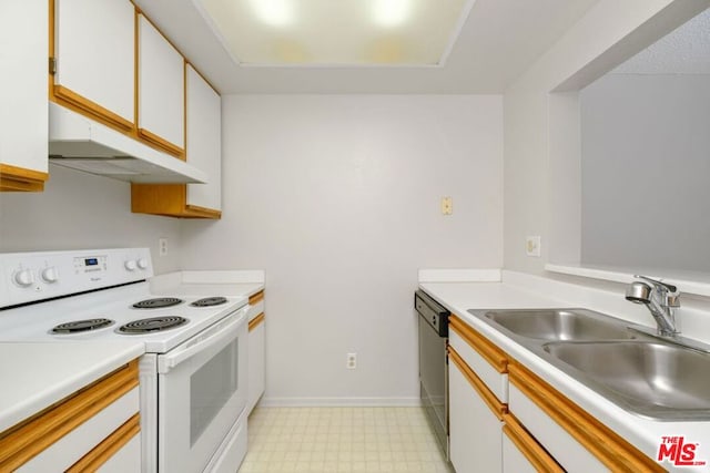 kitchen featuring dishwasher, sink, white cabinetry, and white electric stove