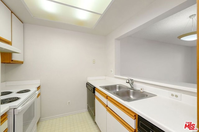 kitchen featuring sink, stainless steel dishwasher, white range with electric cooktop, dishwashing machine, and white cabinets