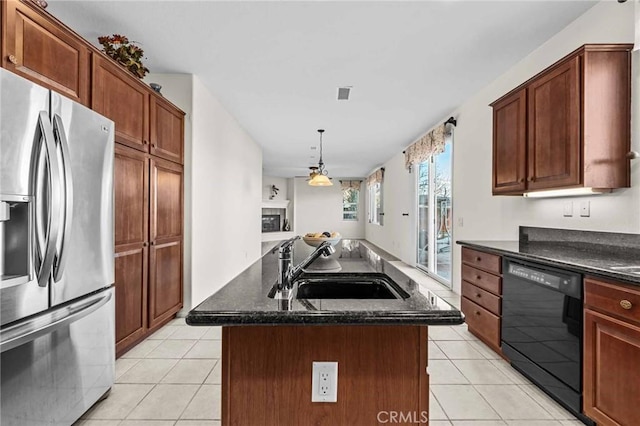 kitchen with stainless steel fridge with ice dispenser, dishwasher, light tile patterned flooring, and a kitchen island with sink