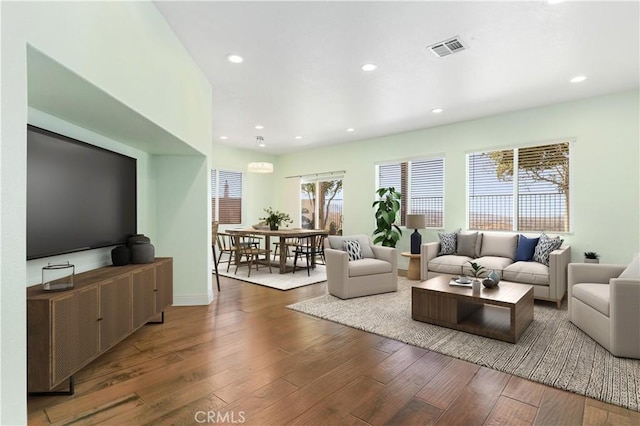 living room with dark hardwood / wood-style floors