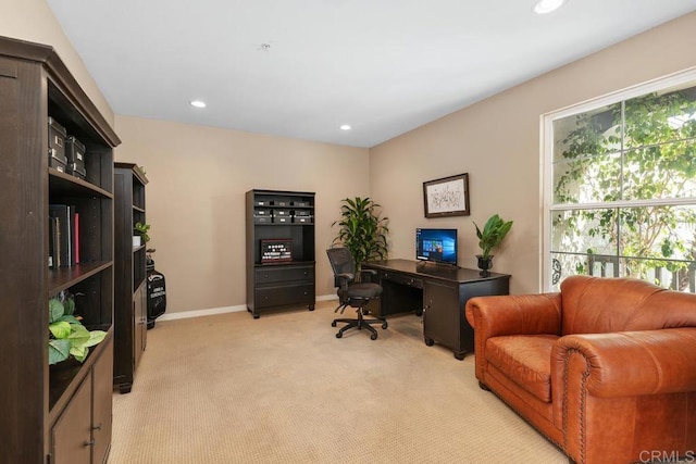 home office with light carpet, baseboards, and recessed lighting