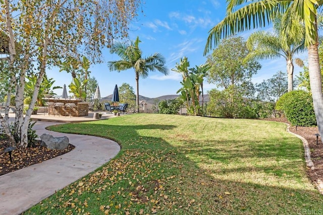 view of yard featuring a mountain view and a patio