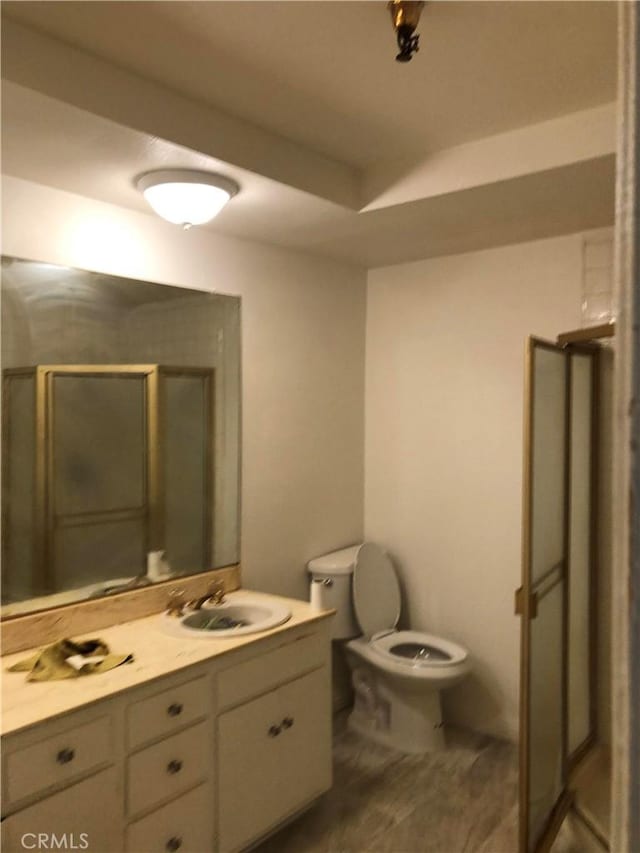 bathroom with vanity, toilet, and a shower with door