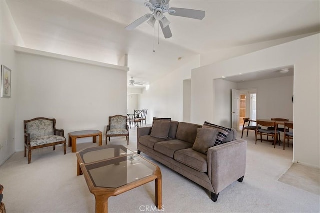 9551 San Rafael Dr, Desert Hot Springs, CA 92240 - living area with ceiling fan, vaulted ceiling, and light colored carpet