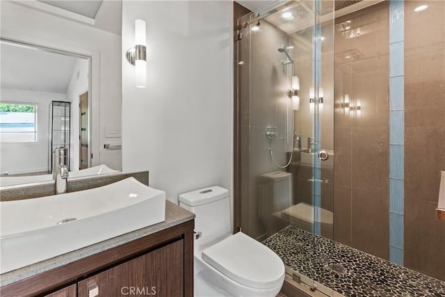 bathroom featuring walk in shower, vanity, lofted ceiling, and toilet