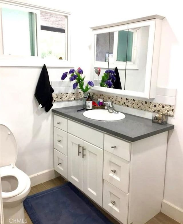 bathroom with wood-type flooring, vanity, and toilet