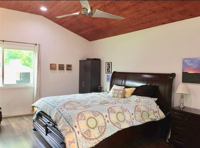 bedroom with wood-type flooring, vaulted ceiling, ceiling fan, and wooden ceiling